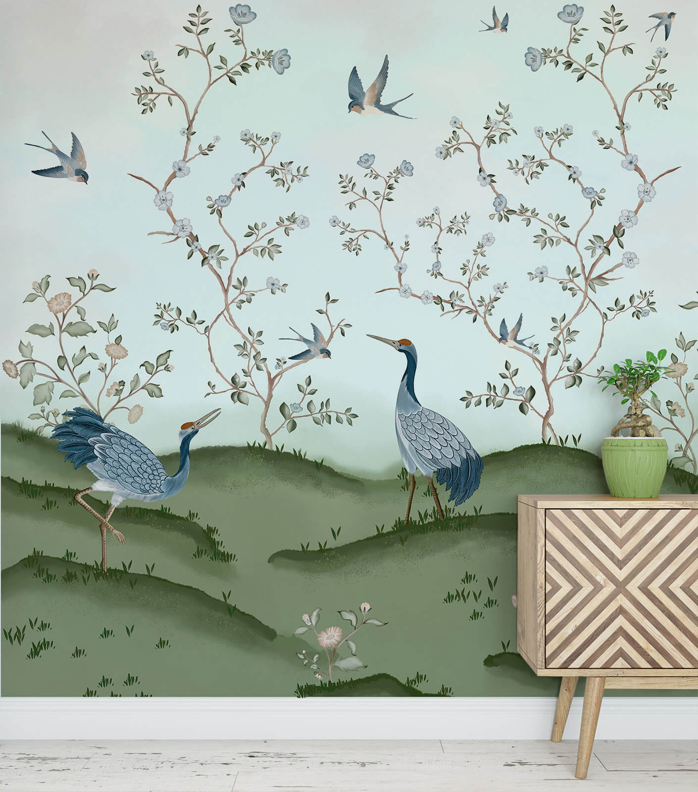Chinoiserie  Features Exotic Birds Mural Wallpaper
