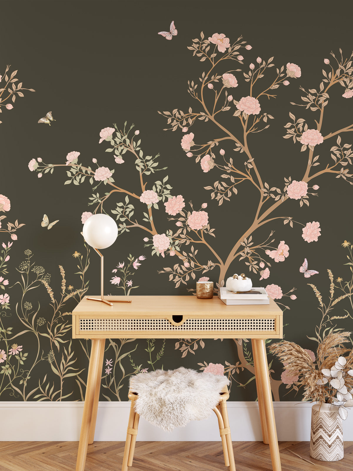 Blossom Chinoiserie Trees With Butterfly Wallpaper