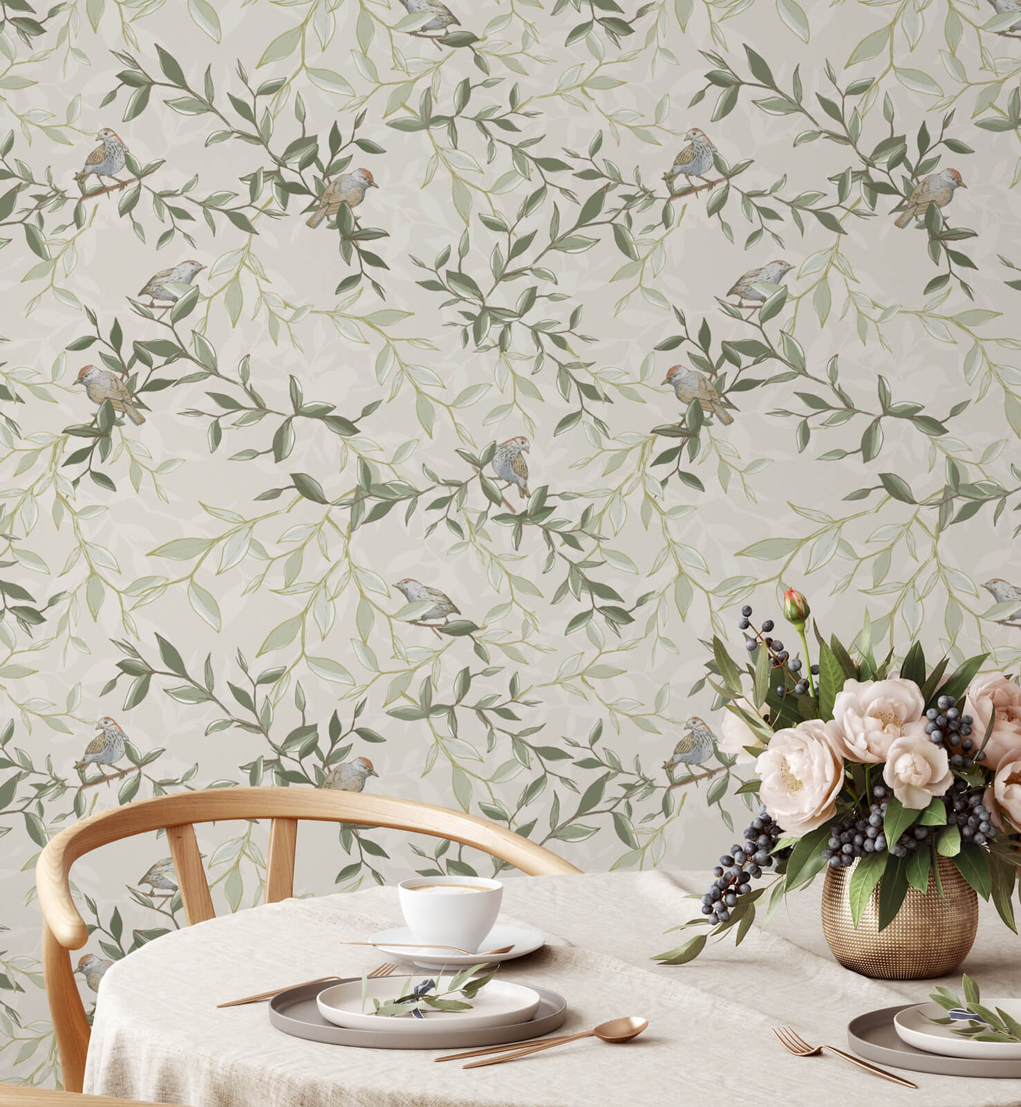 Elegant Chinoiserie Bird Wallpaper