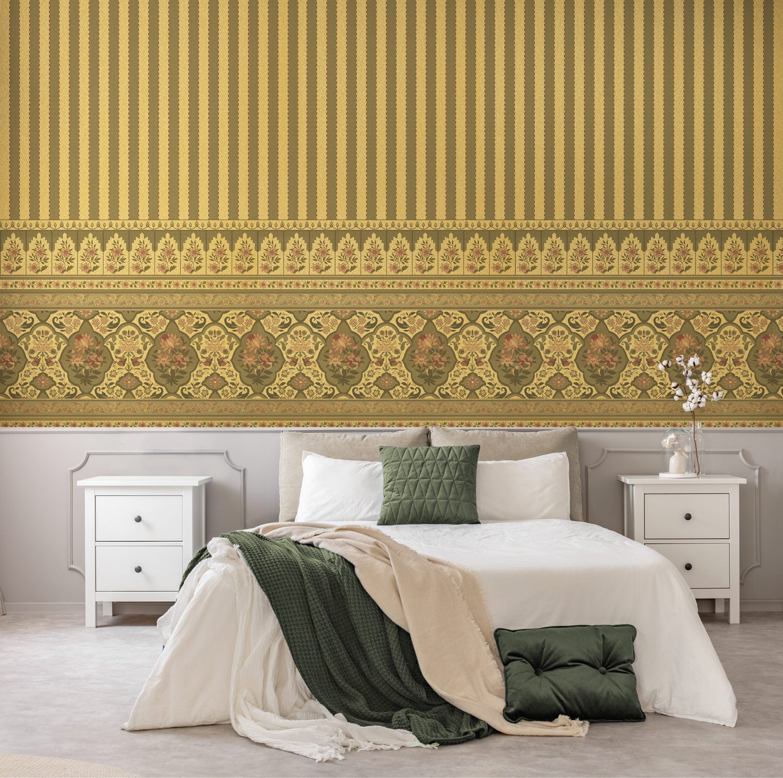 Gold Vintage Floral Stripe Wallpaper