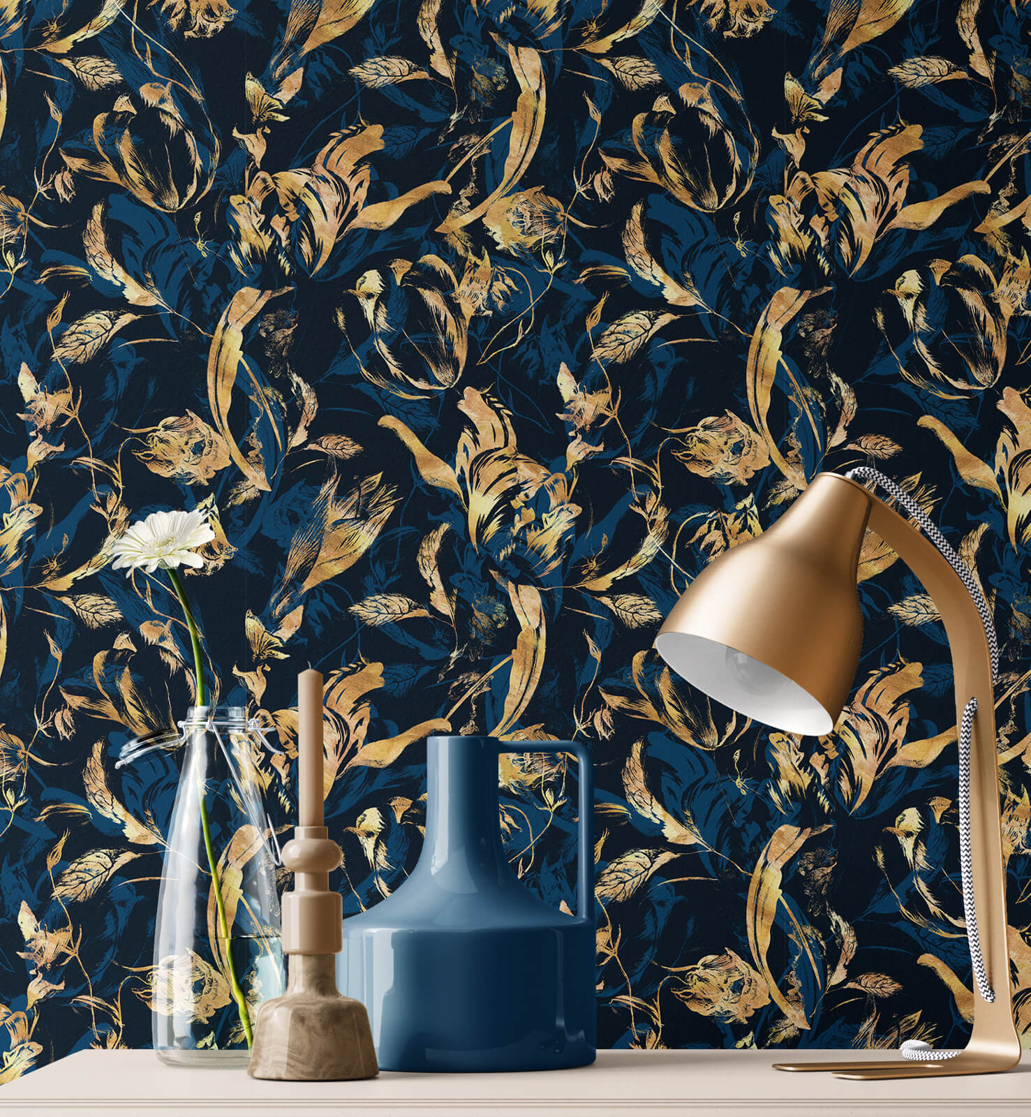 Luxury Blue and Modern Leaves Wallpaper