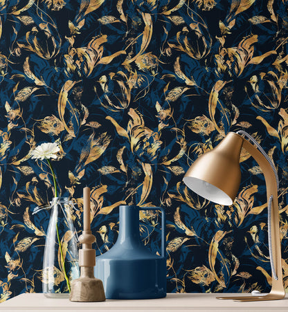 Luxury Blue and Modern Leaves Wallpaper