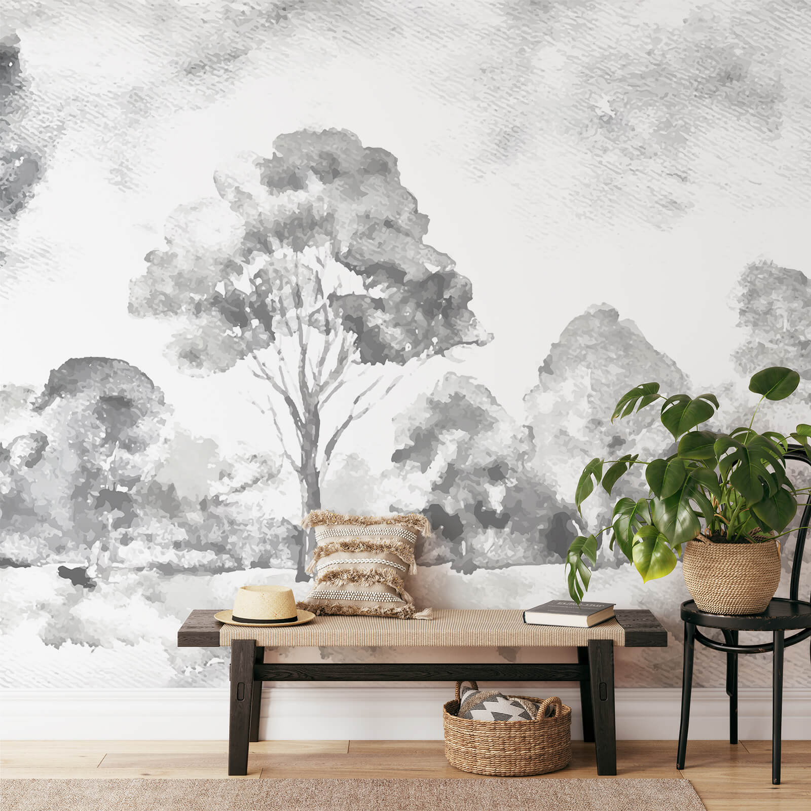 Abstract Tree Painting Black White Wallpaper
