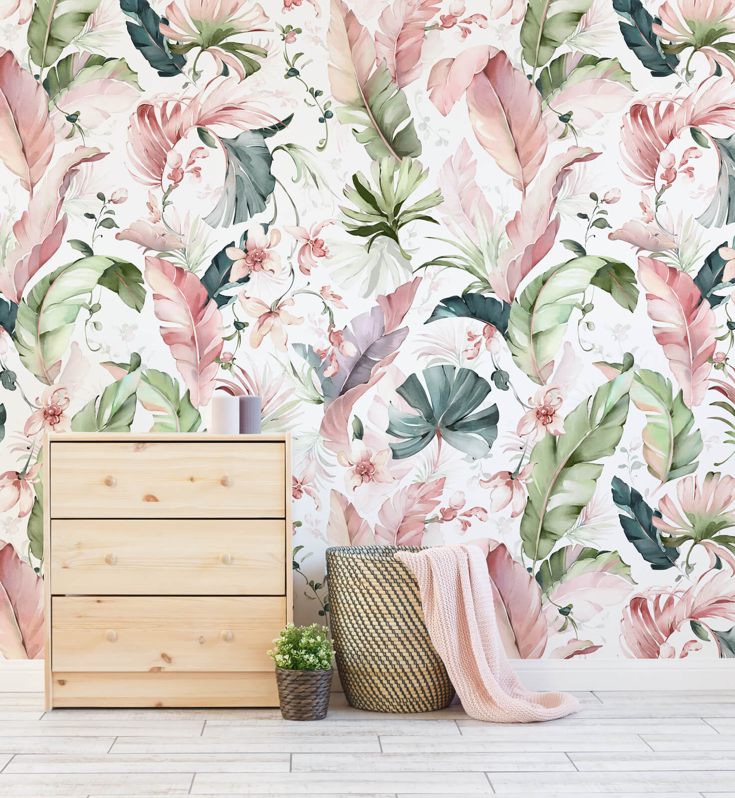 Watercolor Banana Leaves With Flower Wallpaper