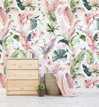 Watercolor Banana Leaves With Flower Wallpaper