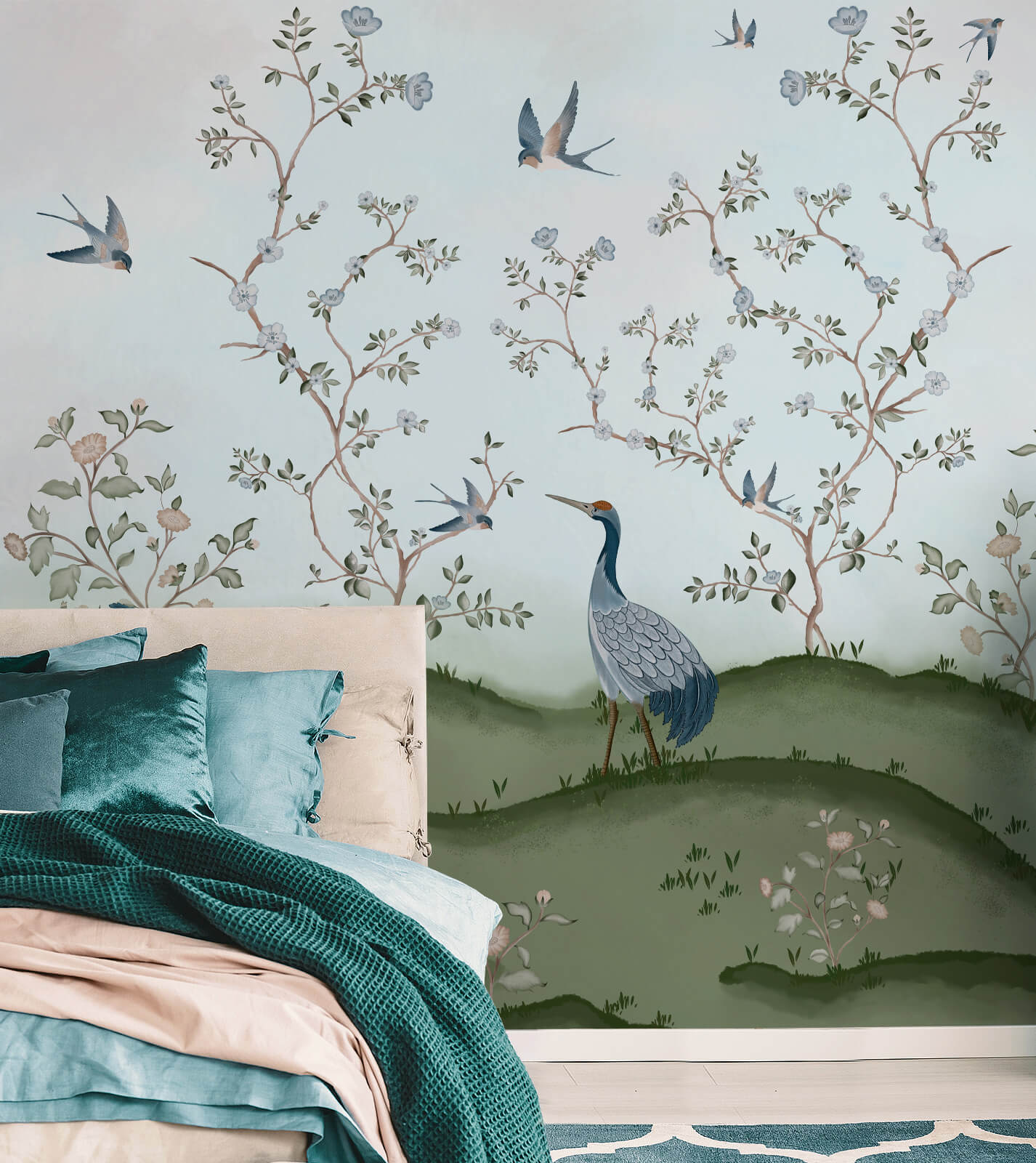Chinoiserie  Features Exotic Birds Mural Wallpaper