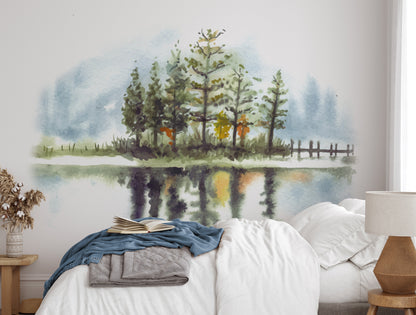 Pine Trees With Lake Watercolor Wallpaper
