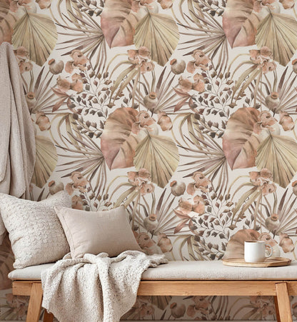 Neutral Tropical Monstera Leaves Watercolor Wallpaper