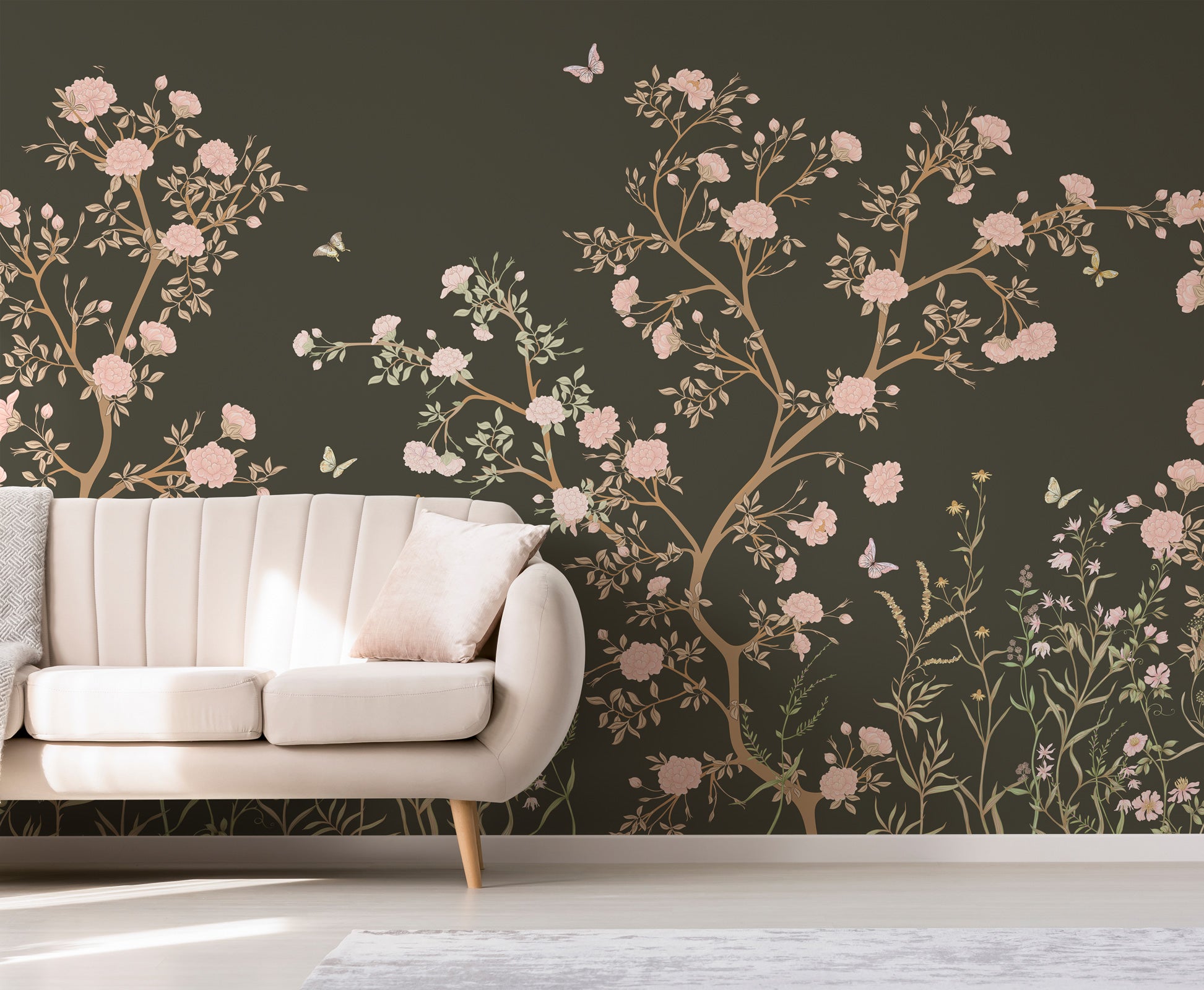 Blossom Chinoiserie Trees With Butterfly Wallpaper