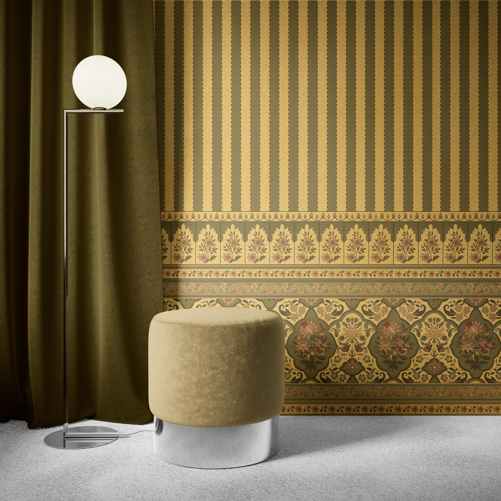 Gold Vintage Floral Stripe Wallpaper