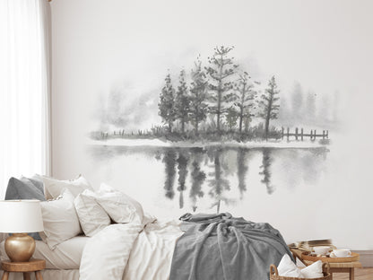 Black Pine Trees With Lake Watercolor Wallpaper