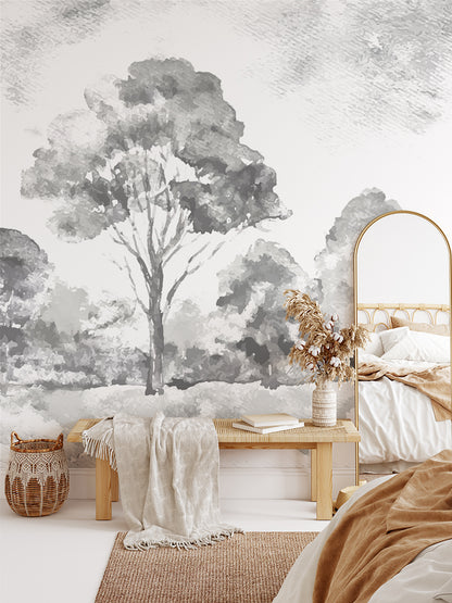 Abstract Tree Painting Black White Wallpaper
