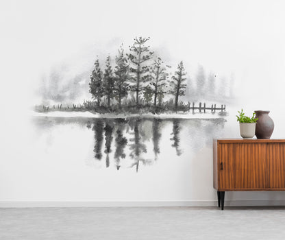 Black Pine Trees With Lake Watercolor Wallpaper