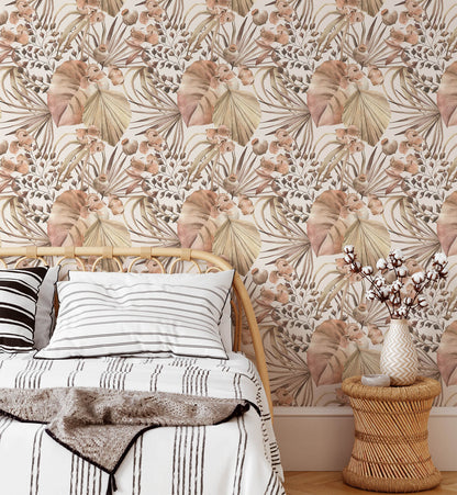 Neutral Tropical Monstera Leaves Watercolor Wallpaper