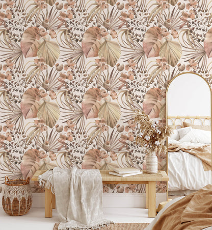 Neutral Tropical Monstera Leaves Watercolor Wallpaper