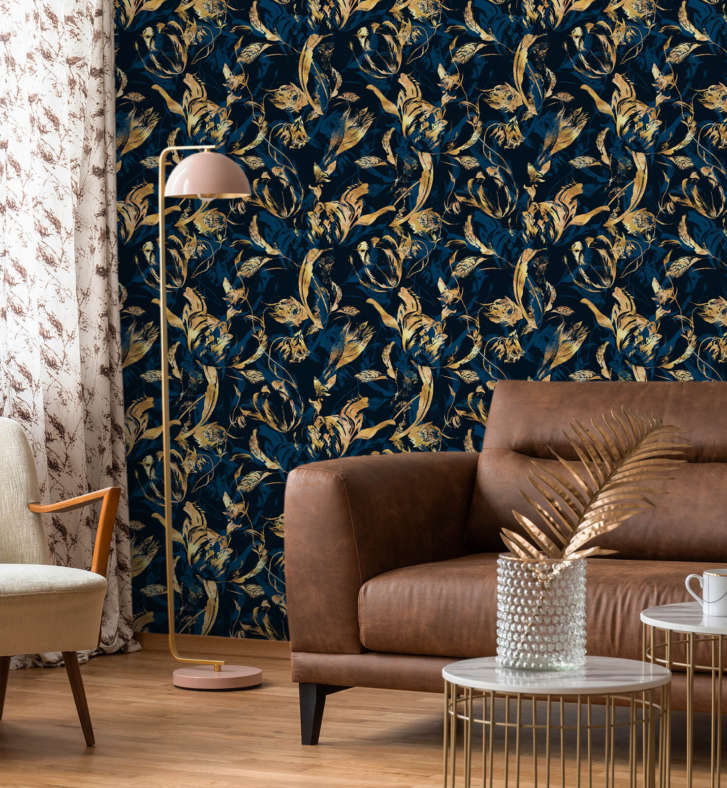 Luxury Blue and Modern Leaves Wallpaper