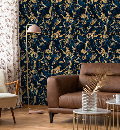 Luxury Blue and Modern Leaves Wallpaper