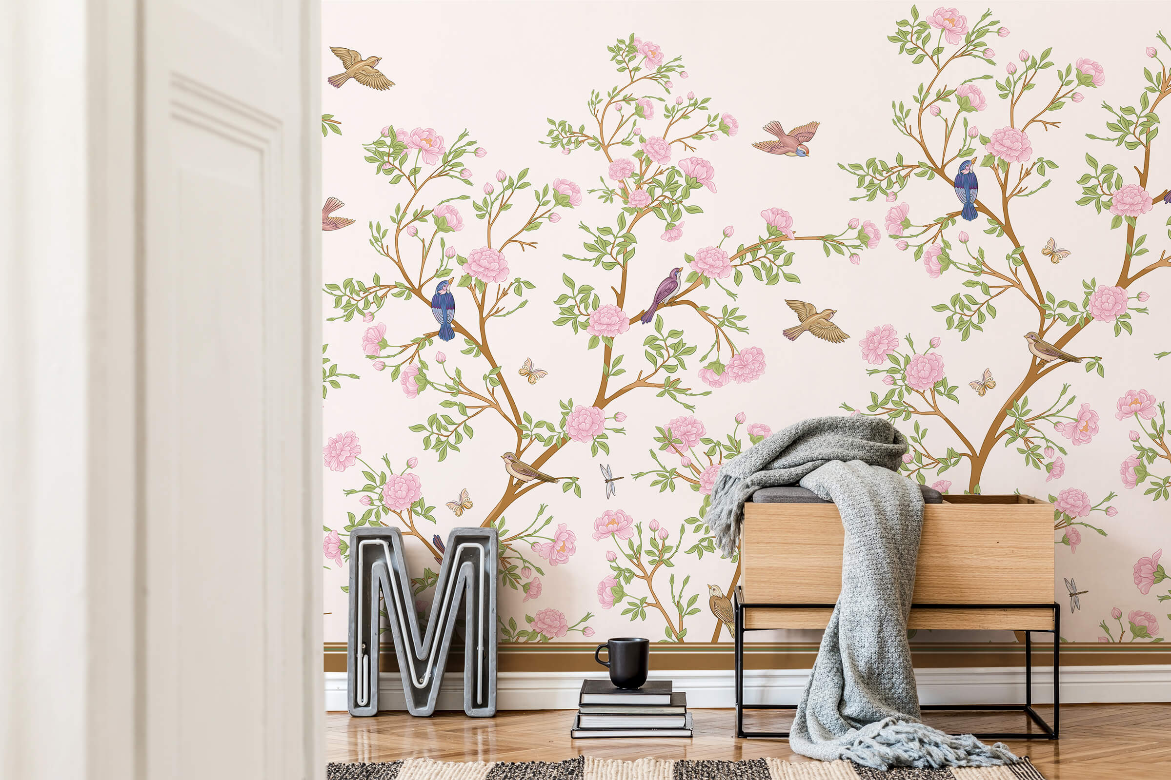 Cherry Blossom Branches Chinoiserie Wallpaper
