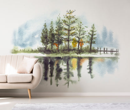 Pine Trees With Lake Watercolor Wallpaper