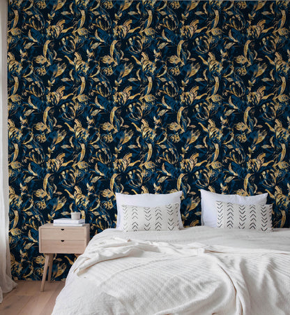 Luxury Blue and Modern Leaves Wallpaper