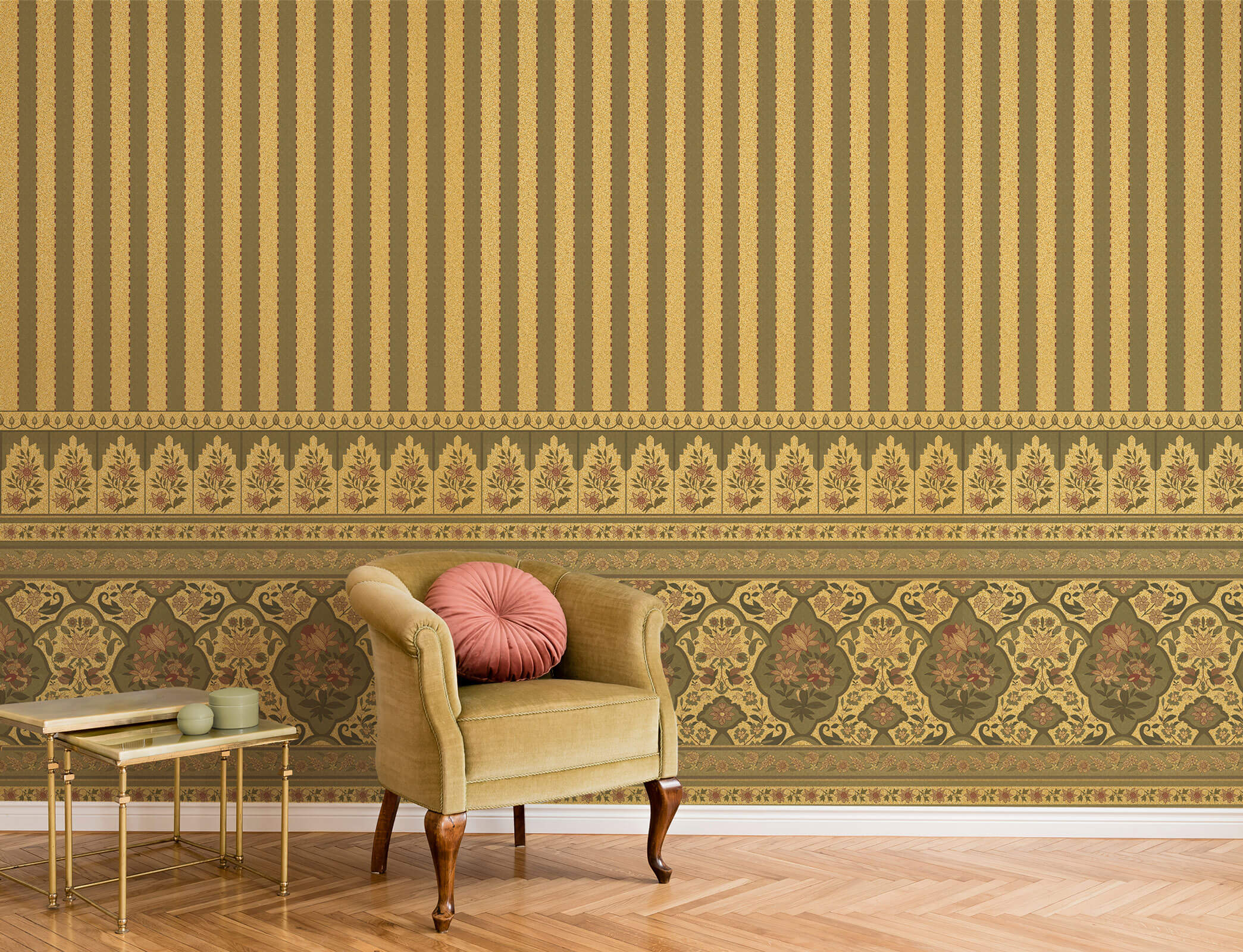 Gold Vintage Floral Stripe Wallpaper