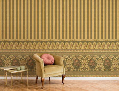Gold Vintage Floral Stripe Wallpaper