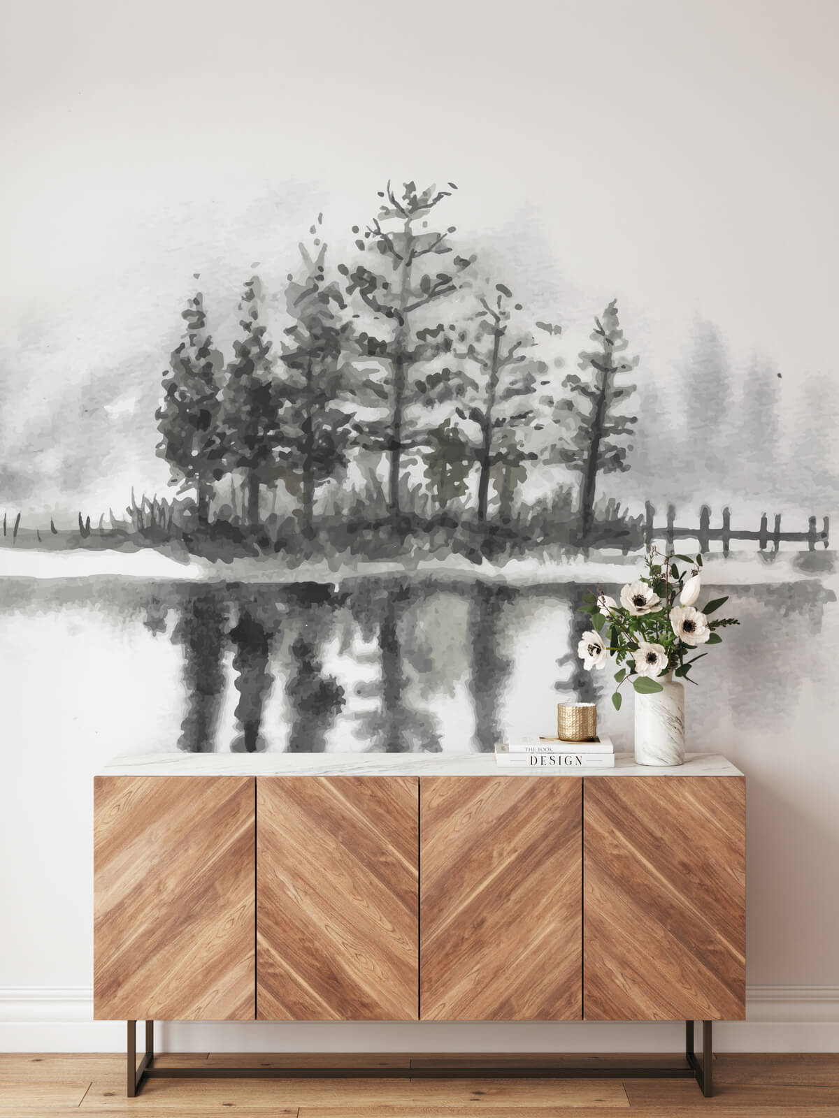 Black Pine Trees With Lake Watercolor Wallpaper