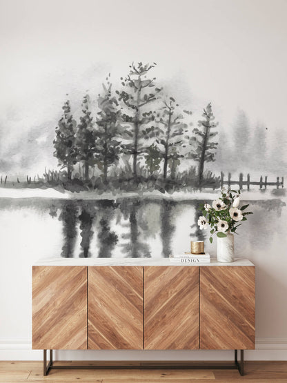 Black Pine Trees With Lake Watercolor Wallpaper