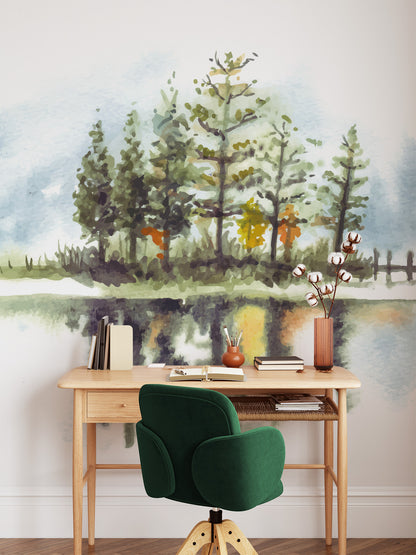 Pine Trees With Lake Watercolor Wallpaper