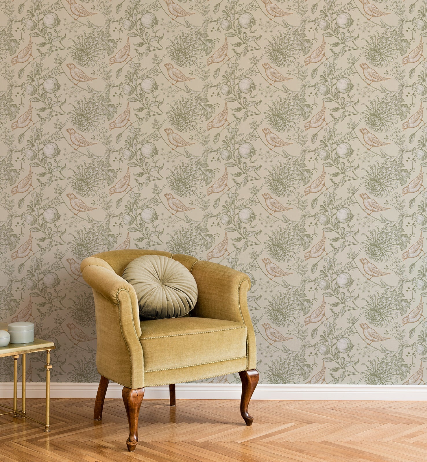 Vintage Botanical Birds & Pomegranate Wallpaper