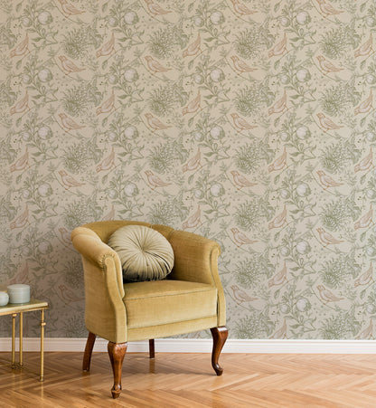 Vintage Botanical Birds & Pomegranate Wallpaper