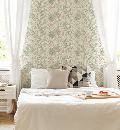 Vintage Botanical Birds & Pomegranate Wallpaper