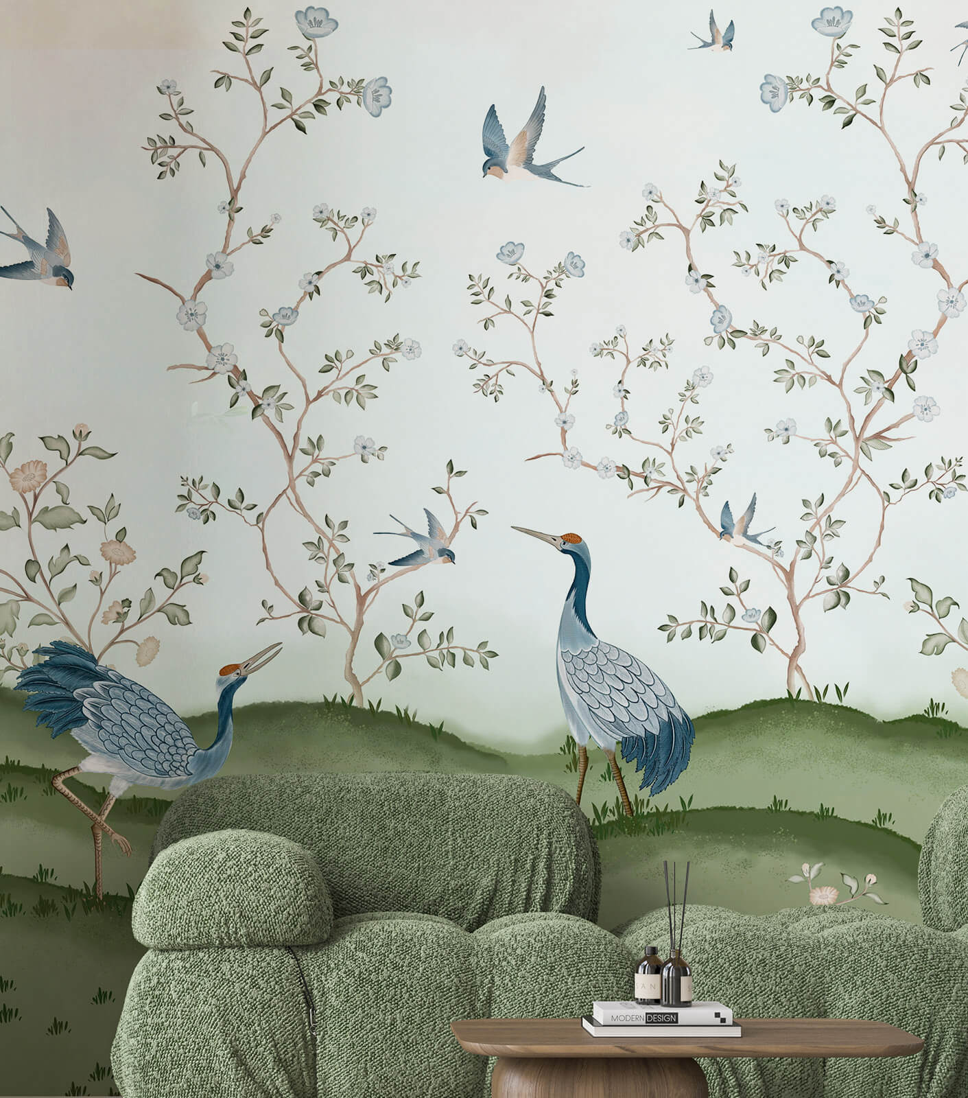 Chinoiserie  Features Exotic Birds Mural Wallpaper