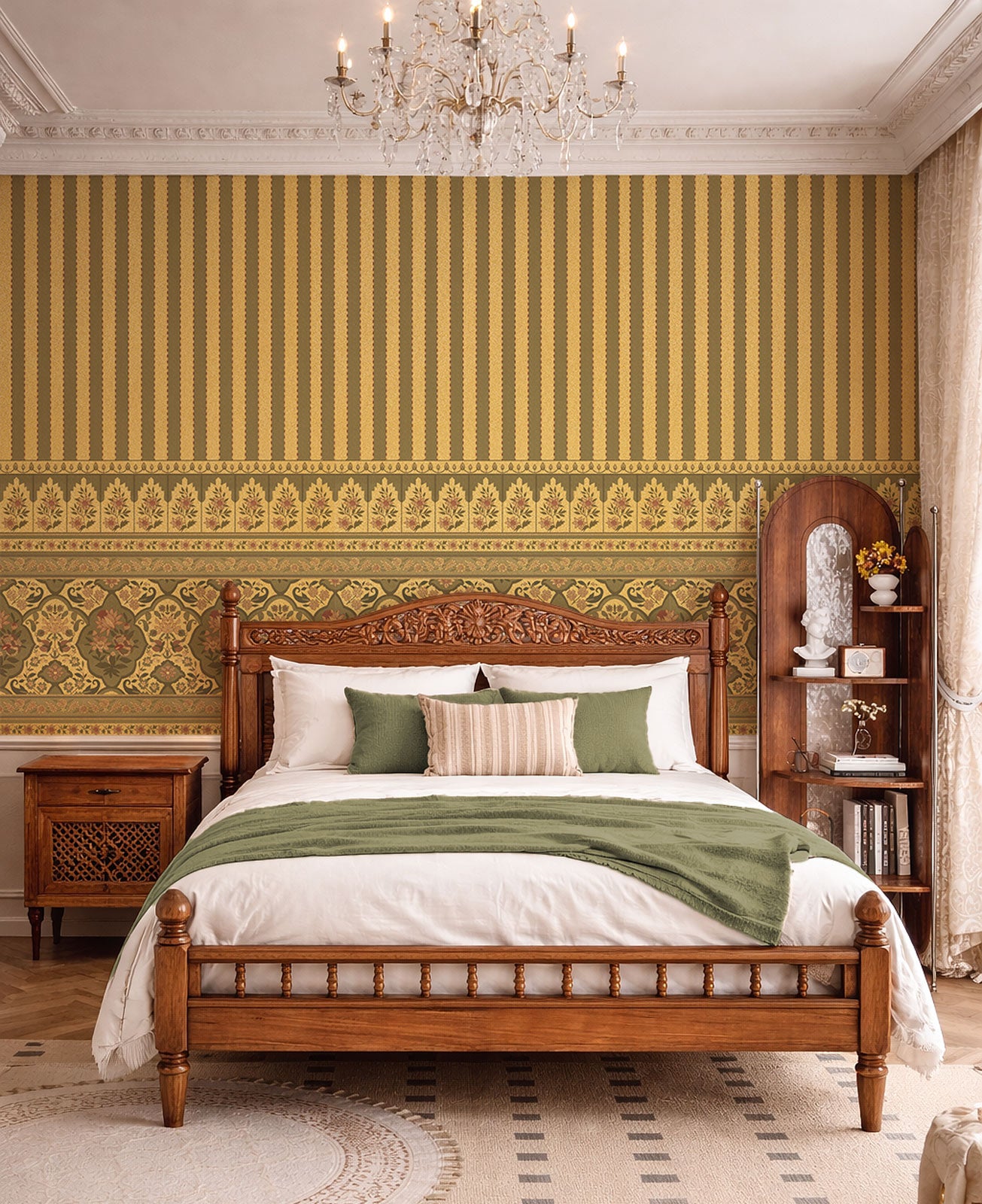 Gold Vintage Floral Stripe Wallpaper