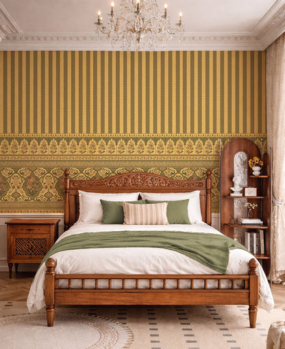 Gold Vintage Floral Stripe Wallpaper