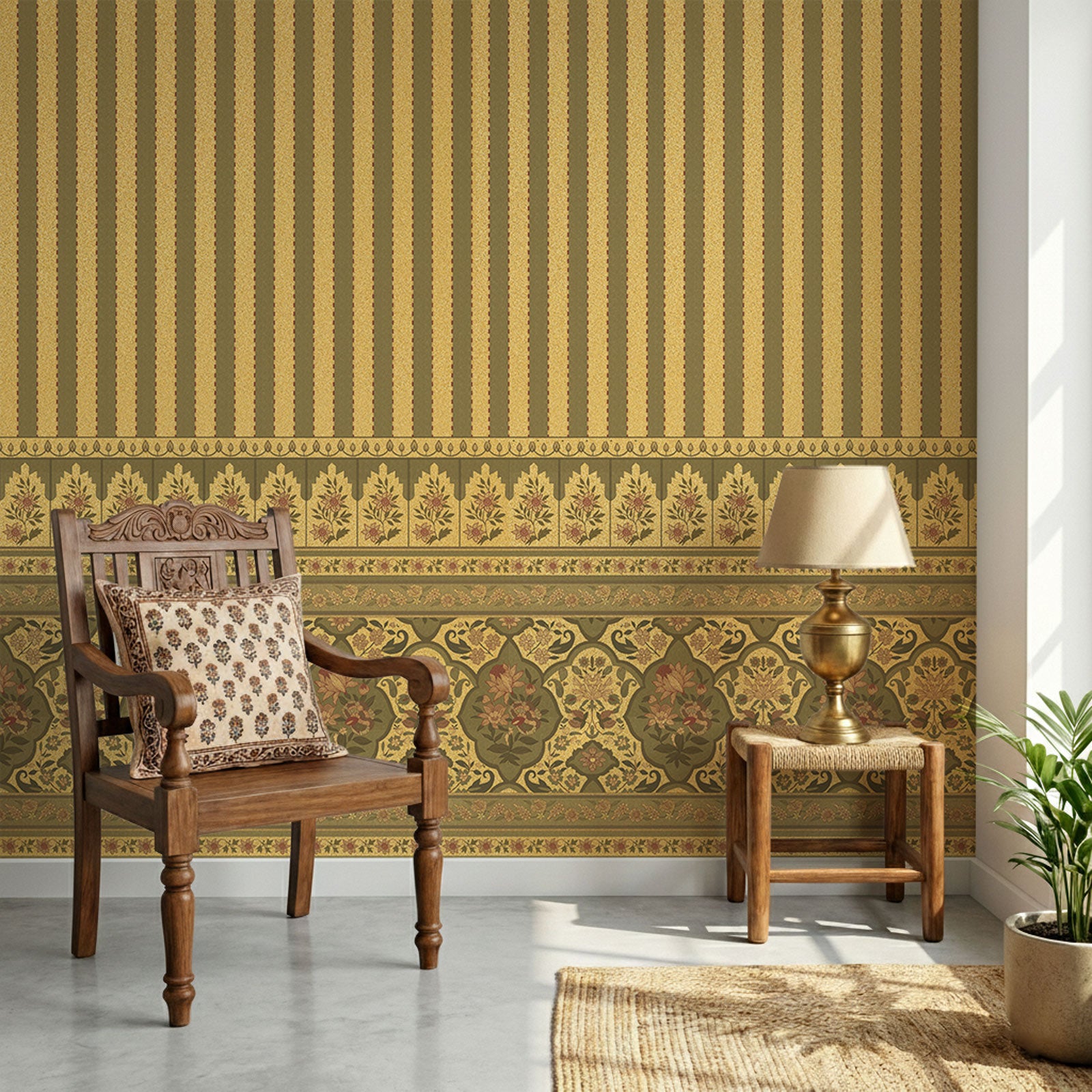 Gold Vintage Floral Stripe Wallpaper