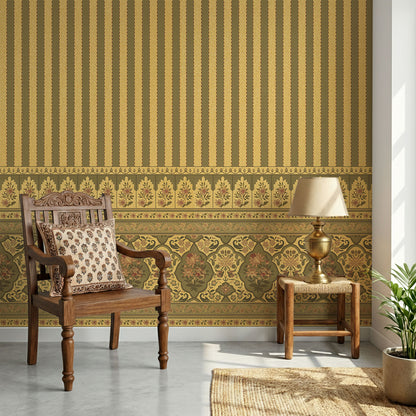 Gold Vintage Floral Stripe Wallpaper