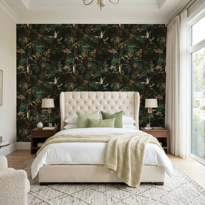 Moody Tropical Palm & Exotic Leaves Wallpaper