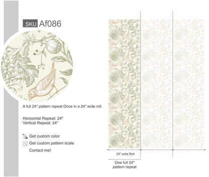Vintage Botanical Birds & Pomegranate Wallpaper