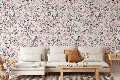 Botanical Bird Floral Wallpaper