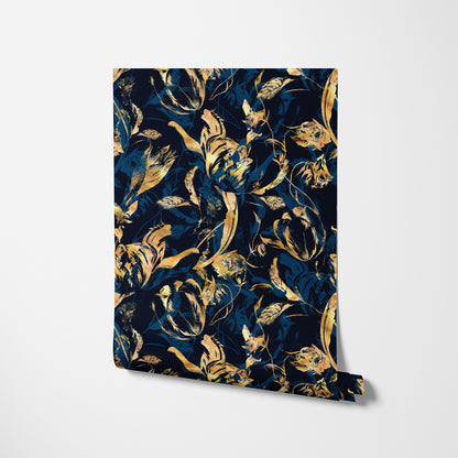 Luxury Blue and Modern Leaves Wallpaper