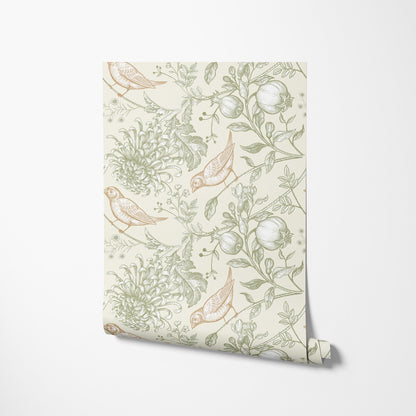 Vintage Botanical Birds & Pomegranate Wallpaper