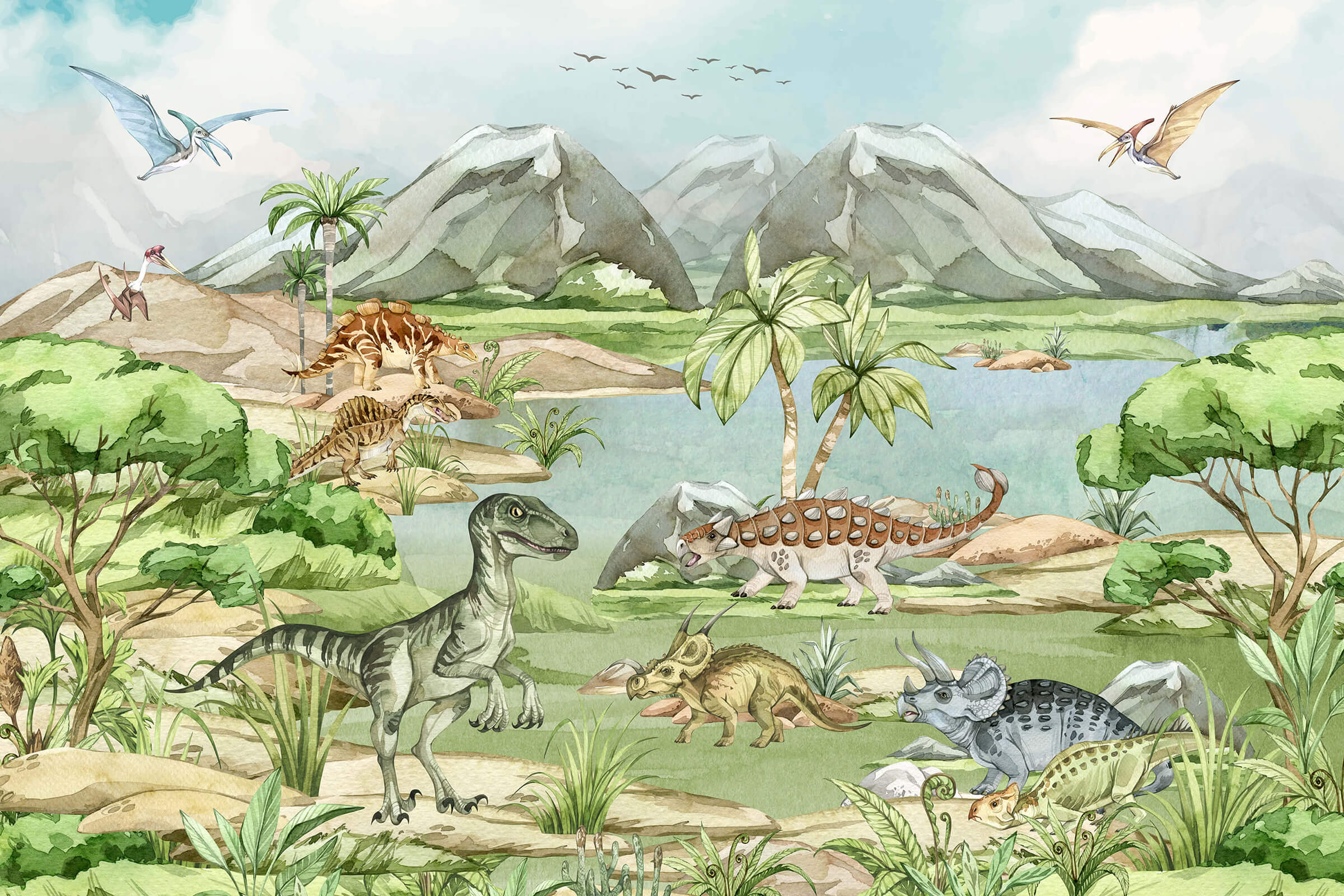 Watercolor Dinosaur World Wallpaper