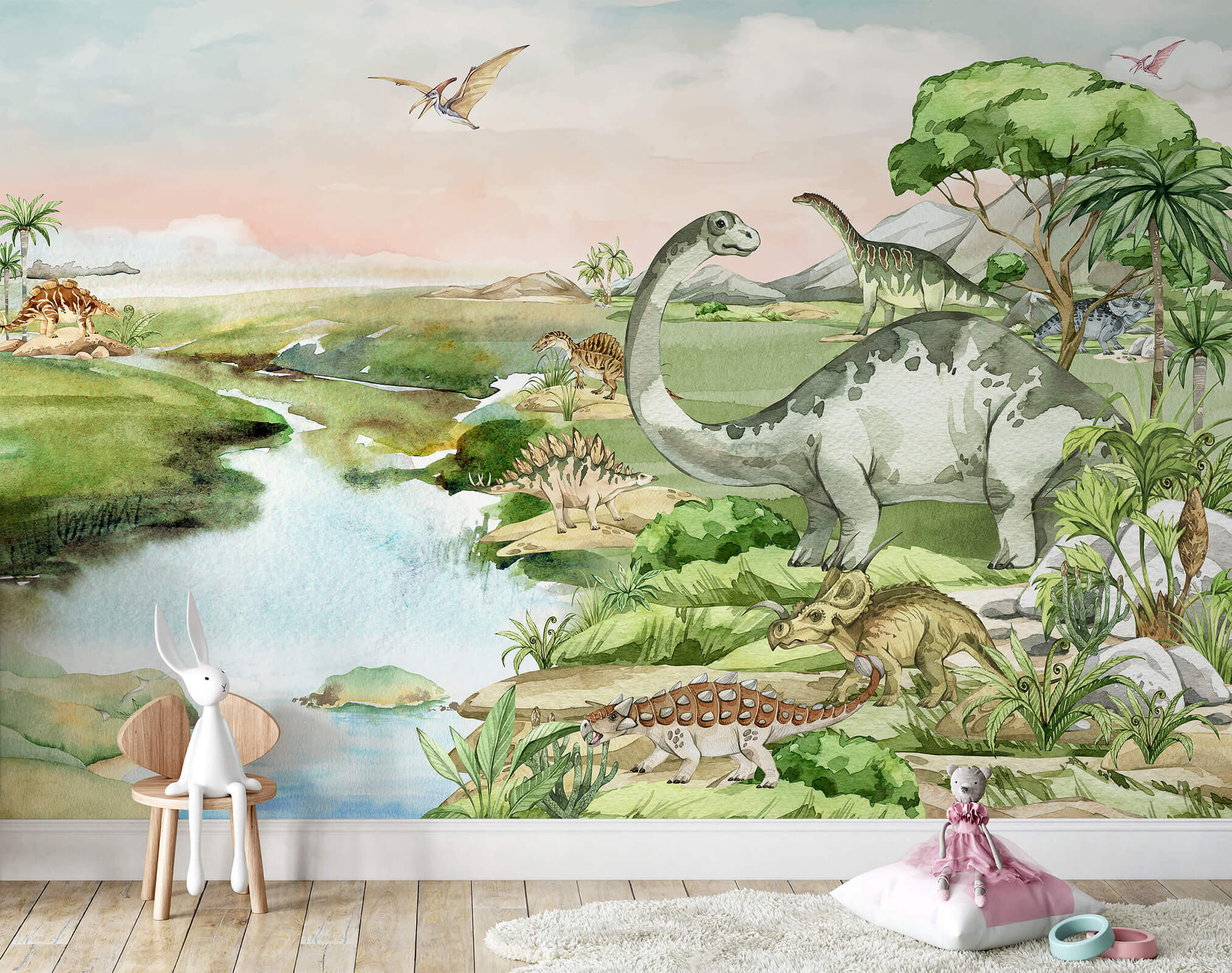 Watercolor Dinosaur Forest Wallpaper