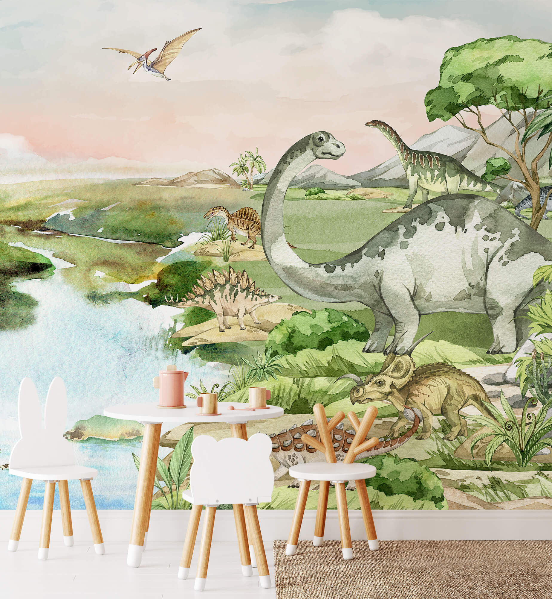 Watercolor Dinosaur Forest Wallpaper