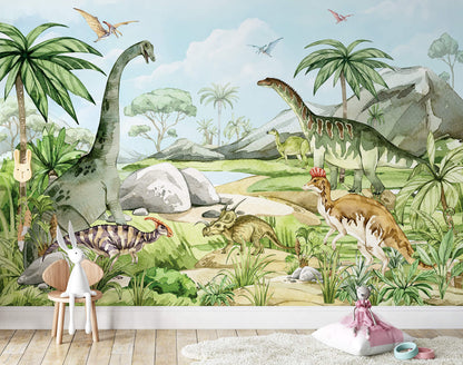 Watercolor Dinosaur Park Wallpaper