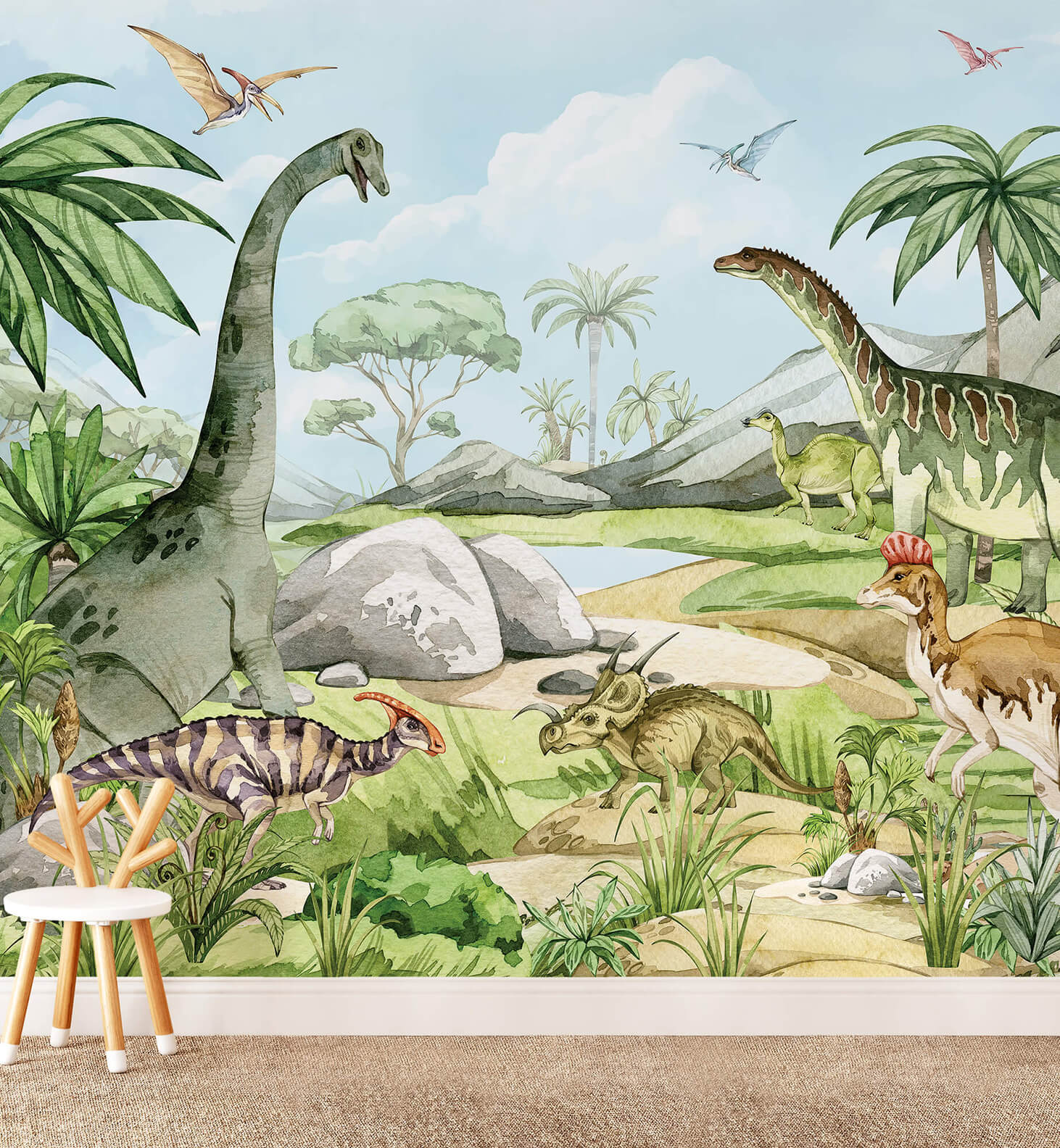 Watercolor Dinosaur Park Wallpaper