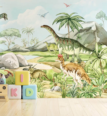 Watercolor Dinosaur Park Wallpaper