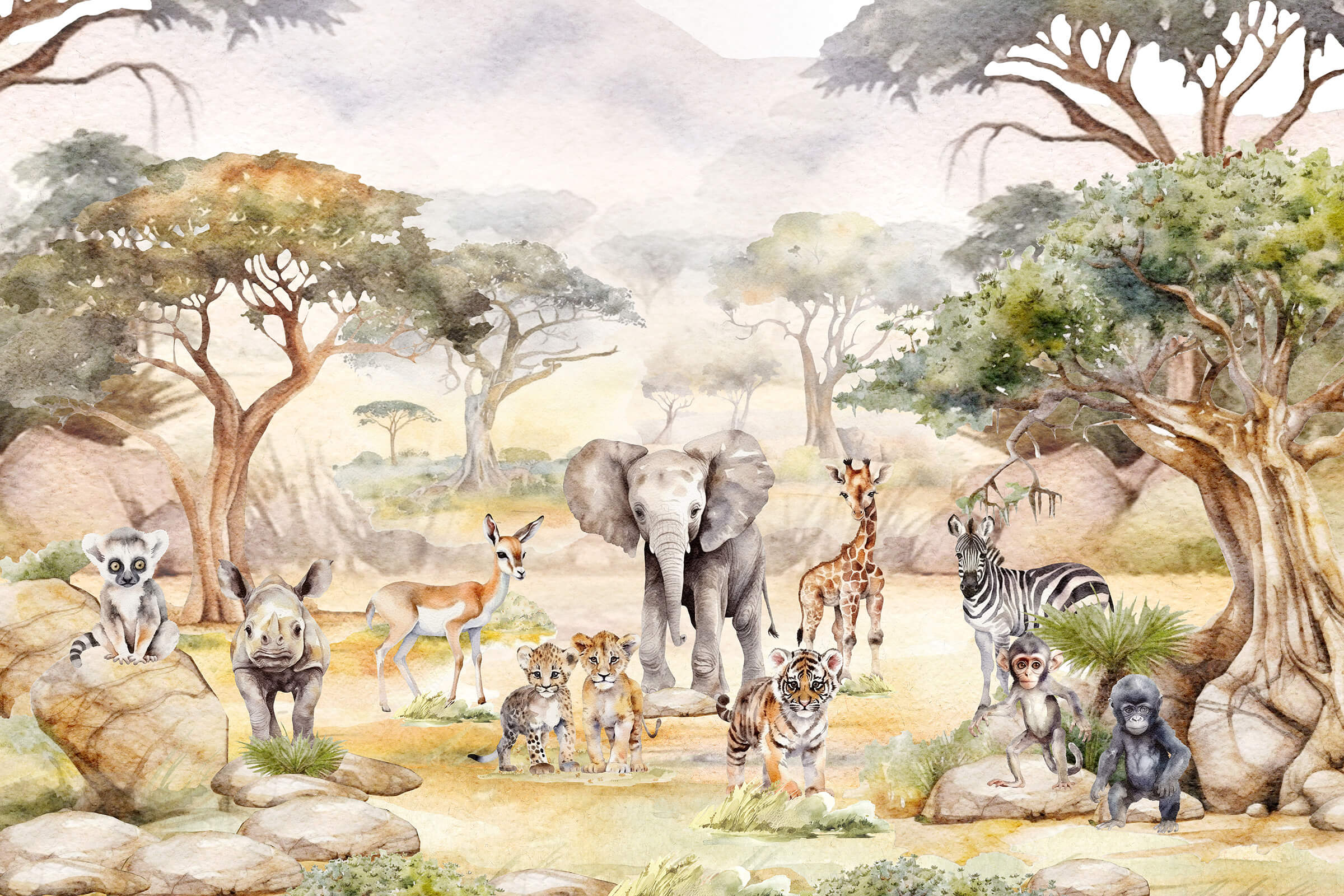 Watercolor Baby Safari Wallpaper