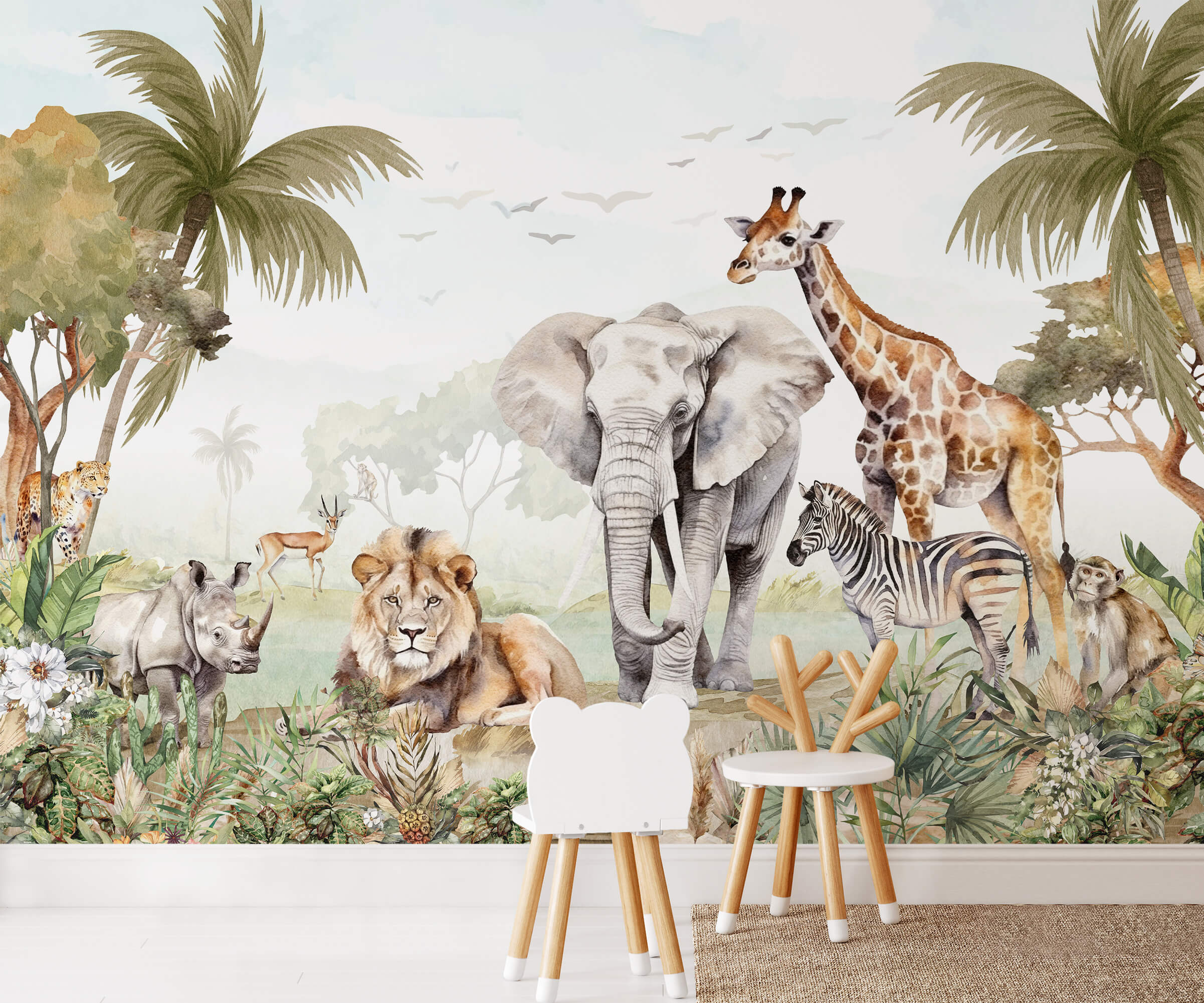 Watercolor Safari with Tropical Leaves Wallpaper